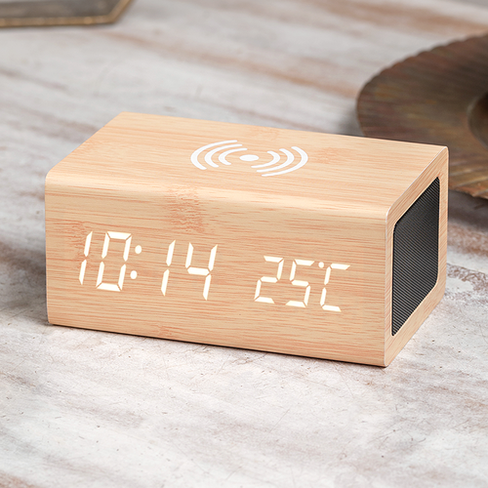 Часы-будильник Bamboowood Беспроводная зарядка для смартфона/Колонка BT BambooWood