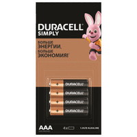 Батарейки КОМПЛЕКТ 4 шт. (отрывной блок), DURACELL Simply, ААА (LR03, 24А), алкалиновые, мизинчиковые, Б0046869