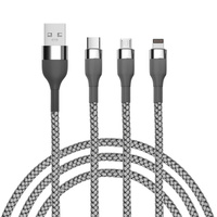 BY Кабель для зарядки 3 в 1, iP/Micro USB/Type-C, 1.5м, 2.1А, тканевая оплётка, металлик, серый