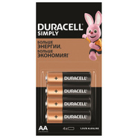 Батарейки КОМПЛЕКТ 4 шт. (отрывной блок), DURACELL Simply, AA (LR06, 15А), алкалиновые, пальчиковые, Б0046868