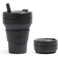 Многоразовый складной стакан STOJO с крышкой для кофе с собой из пищевого силикон,Кружка для кофе 470 мл, цвет Carbon S